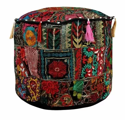 Black Vintage Ottoman Pouf Cover Indian Handmade Boho Patchwork Round Footstool • $28.79