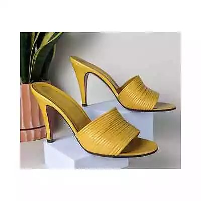 Vintage Yellow Leather Mule Heels 70s Disco Sandals Shoes Sz 6 • $114.65