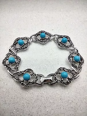 Vintage Sarah Coventry Faux Turquoise Link Bracelet Blue Lady Silver Tone 7.5  • $12.36