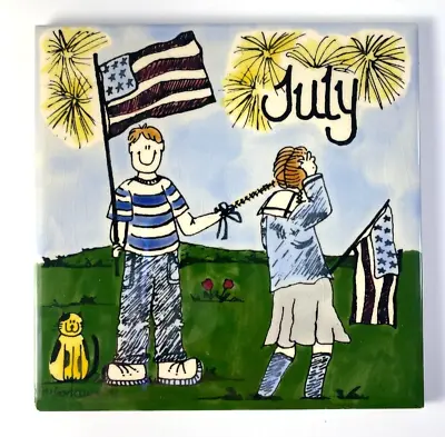 H&R Johnson Tiles July Patriotic Fireworks Scene Trivet 1991 Vogelzang • $14.95