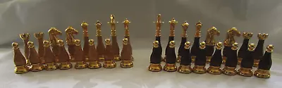 Brass Metal GOLD & Black W/ Wood Inserts Staunton Chess Men Set COMPLETE NO BOAR • $99.99
