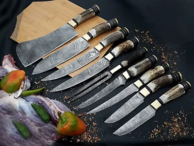 Handcrafted Damascus Deer Antler Chef Knife Set Of 9 - A Culinary Masterpiece • $274.98
