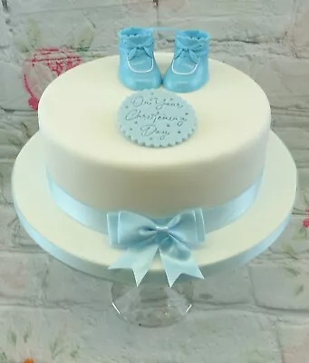 Christening Cake Topper Baby Booties Sugar Paste Plaque Ribbon Pack Pink/ Blue • £9.99