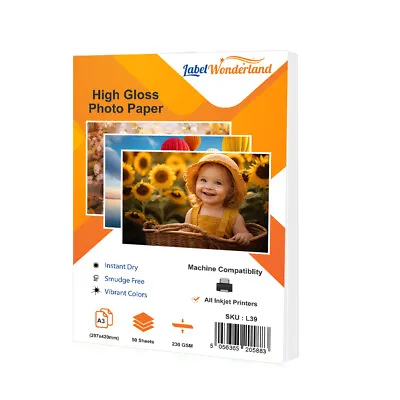 50 Sheets A3 A4 A5 6 X4  230 Gsm High Glossy Photo Paper Inkjet Paper Printer Lw • £5.99