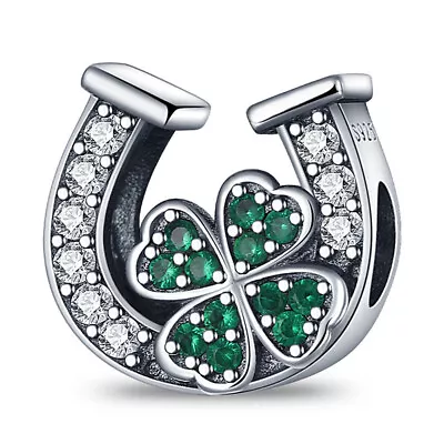 Lucky Horseshoe Crystal Four Leaf Clover Charm Sterling Silver 925 Protection  • £14.99