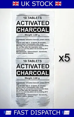 ACTIVATED CHARCOAL 5 SHEETS X 10 TABLETS  Fast Dispatch UK Stock • £2.99