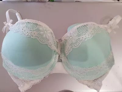 BRAS N THINGS Bra 10DD GREEN/WHITE Lace Bow Balconette Moulded Padded • $19