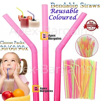 30/90x Reusable Drinking Straws Colour Bendable Straw Party Cocktail Juice Drink • £3.19