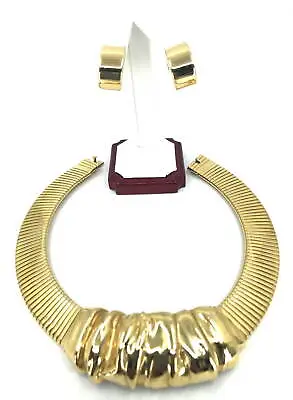 Magnificent Ciner Gold Gathered Bib Choker Necklace & Hoop Clip-on Earrings Set • $250