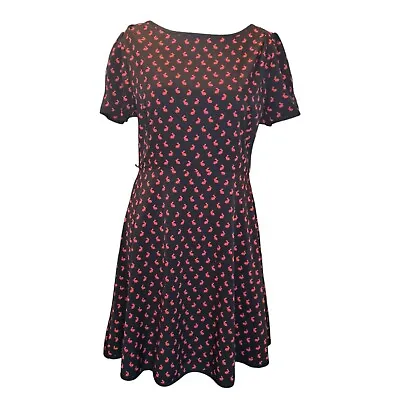 Dunnes St Bernard Black Skater Dress Red Bunny Rabbit Print Size UK 14 • £10