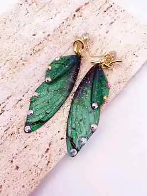 Butterfly Wings Earrings Emerald Green With Rhinestones Gold Hook Close • $24.45