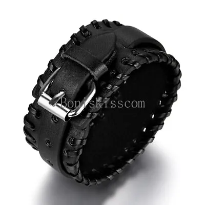 Mens Punk Wide Leather Belt Wrap Bracelet Strap Buckle Cuff Wristband Adjustable • $8.99