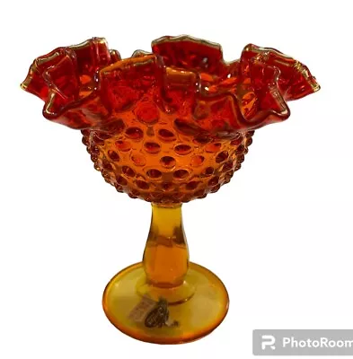 Vtg Fenton Hobnail Orange Amberina Glass Ruffled Edge Compote Candy Dish 5.5 MCM • $24.97