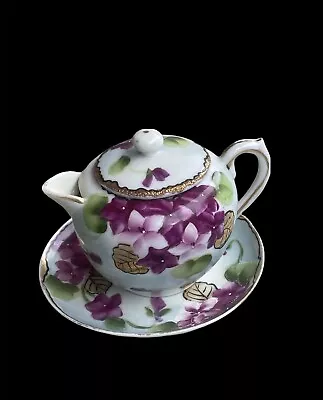 Vintage Nippon Teapot Saucer Floral Purple Violets Porcelain Mid-Century Modern • $11.99