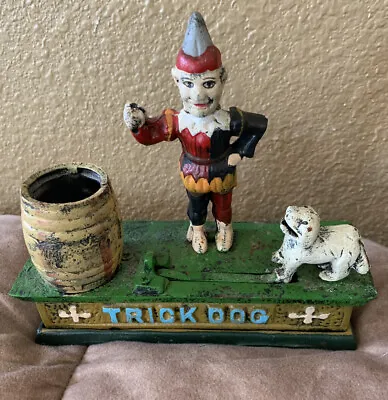 Circus Clown With Metal Ring Trick Dog Cast Iron Mechanical Bank Works! • $21