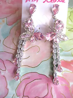Betsey Johnson Beautiful Pink Clear Crystal Butterfly Long Silver Earrings NWT • $19.76