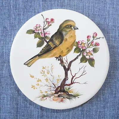 H & R Johnson Round Tile Trivet From ENGLAND Yellow Songbird Pink Flowers Bird • $9.99