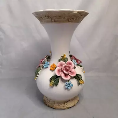 Vintage Capo Di Monte Long Neck Vase - 23cm Tall - Rose Design • £6.99