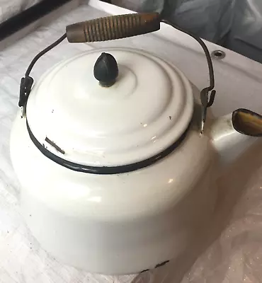 Vintage White Enamel TEA KETTLE Black Trim Wood Handle Large • $20