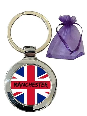 Manchester On The Union Jack Personalised Beta Keyring In Gift Bag • £6.99