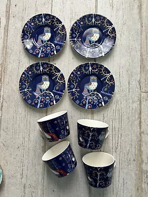 Iittala Blue Owl Taika Cup & Saucer Set - Designer Klaus Haapaniemi X 4 • £49