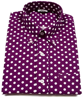 Relco Mens Purple White Polka Dot Shirt Button Down Collar Vintage Retro Spot • $55.94