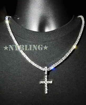 $13.59 • Buy 14k Gold Plated Tennis Chain Cross Pendant CZ Choker Necklace ICED Jewelry 5MM