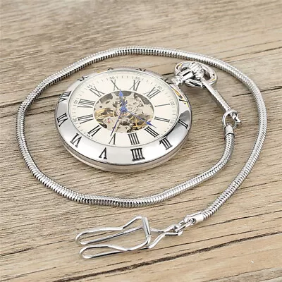 Automatic Mechanical Silver Skeleton  Pocket Watch Waist Chain Men Women Gift • $32.20