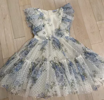 $350 Monnalisa Girls Blue Rose Print Dotted Tulle Gorgeous Dress Size 10 • $139.95