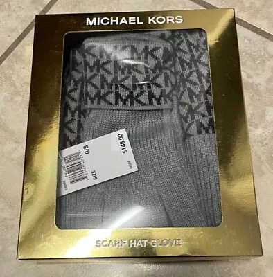 Michael Kors Scarf Set Beanie Hat Gloves Scarf Michael Kors Logo Gray NIB $148 • $43