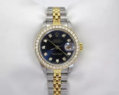 $4450 • Buy Rolex Oyster Perpetual Datejust Ref 69173 Or/blue Diamond Dial And Custom Bezel