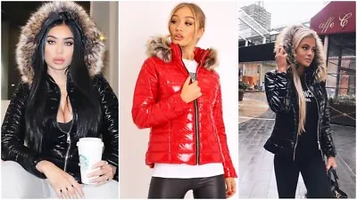 £29.99 • Buy Womens Ladies Quilted Winter Coat Puffer Fur Collar Hooded Shiny Jacket Parka Uk