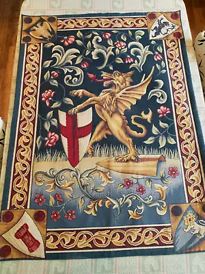 Large Vintage Woven Medieval Tapestry Griffon Winged Lion Shield Griffin 28x 38  • $175