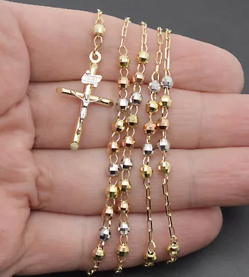 $459 • Buy 10k Solid Yellow Gold Colored Beads Rosary Virgin Mary Jesus Cross Necklace 18 