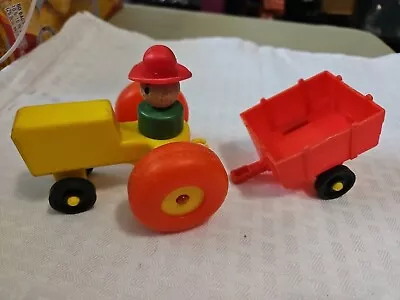 Vintage Fisher Price Little People Farm Lot 3 Farmer Yellow Tractor Cart - E2 • $14.99
