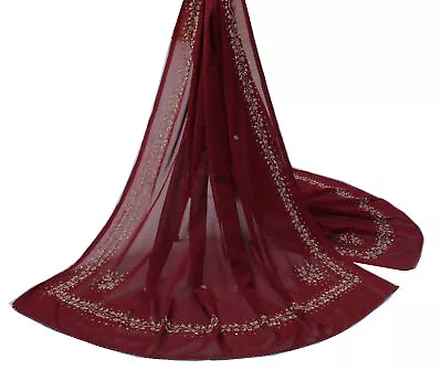 Sushila Vintage Maroon Dupatta Blend Georgette Silk Hand Beaded Long Stole Veil • $26.99