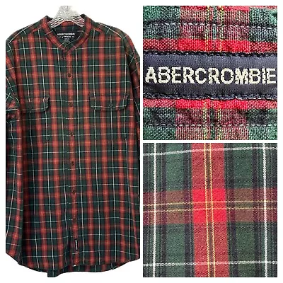 Vintage Abercrombie Men's L Shirt Plaid Nehru Band Collarless Vintage Distressed • $29.99