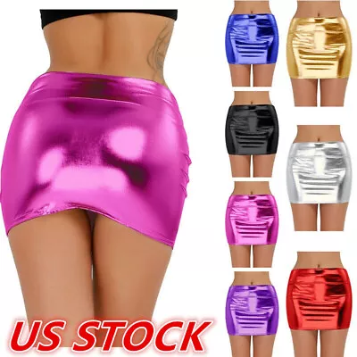 US Women's PVC Leather Mini Skirt Metallic Wet Look Short Bodycon Skirt Clubwear • $8.27