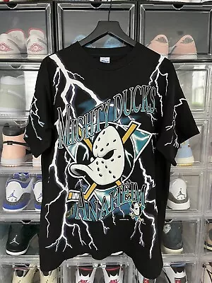 **DRY ROT** Vtg Salem Anaheim Mighty Ducks AOP Size L Single Stitch 1993 READ • $195