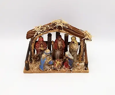 Ceramic Figurine Nativity Scene In Wooden Stable • £13.79