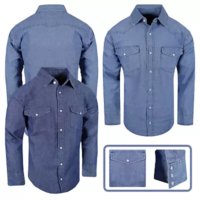 Western Denim Shirt Mens Blue Wash Cotton Stretch Snap Pocket Contrast Stitching • $21.95
