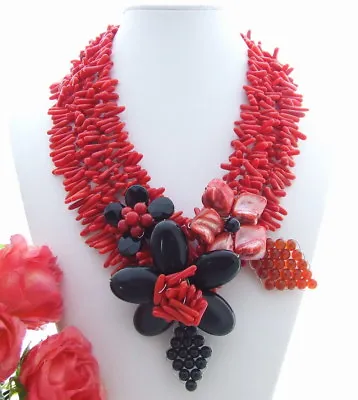 Red Coral Black Onyx Shell Red Agate Statement Necklace • $37.25
