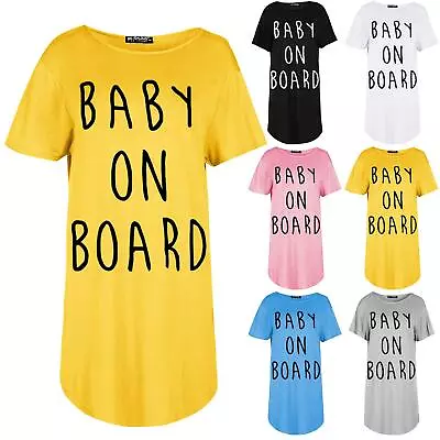 Womens Ladies Curved Hem Short Sleeve Baby On Board T-Shirt Tunic Baggy Dress • £3.19