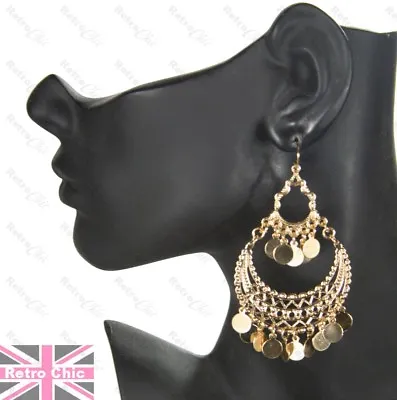 BIG 3.75 Long CHANDELIER Gypsy Discs EARRINGS GOLD FASHION Boho Retro Filigree • £4.44