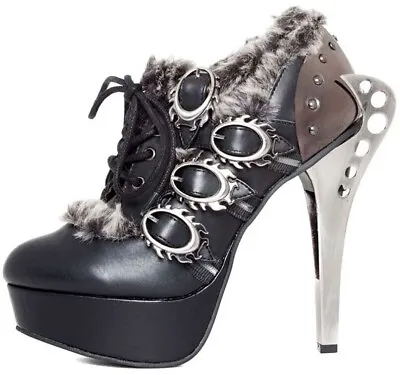 Hades MONARCH Black Vegan Ankle Boots Fur Buckle Industrial 5  High Heel 6-11 • $187