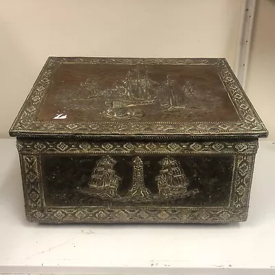Old Gold Brass Embossed Log Large Firebox Coal Scuttle Shaped Storage Box Ship • £29.99