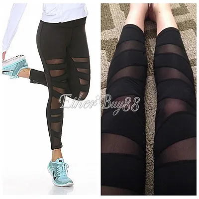 NEW Women's Mesh Panels Workout Sports Gym Yoga Compression Leggings Ninth Pants • £6.10