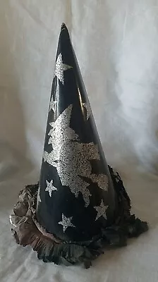 50s Vintage Halloween Witch Party Hat 12  Glittered Cardboard Crepe Paper Trim  • $75