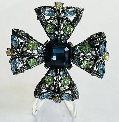 Vintage Maltese Cross Rhinestone Brooch Blue & Green Pewter Tone Signed • $40