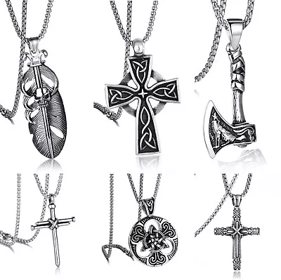 Men Punk Silver Celtic Cross Skull Viking Axe Pendant Necklace Biker Jewelry 24  • $16.99